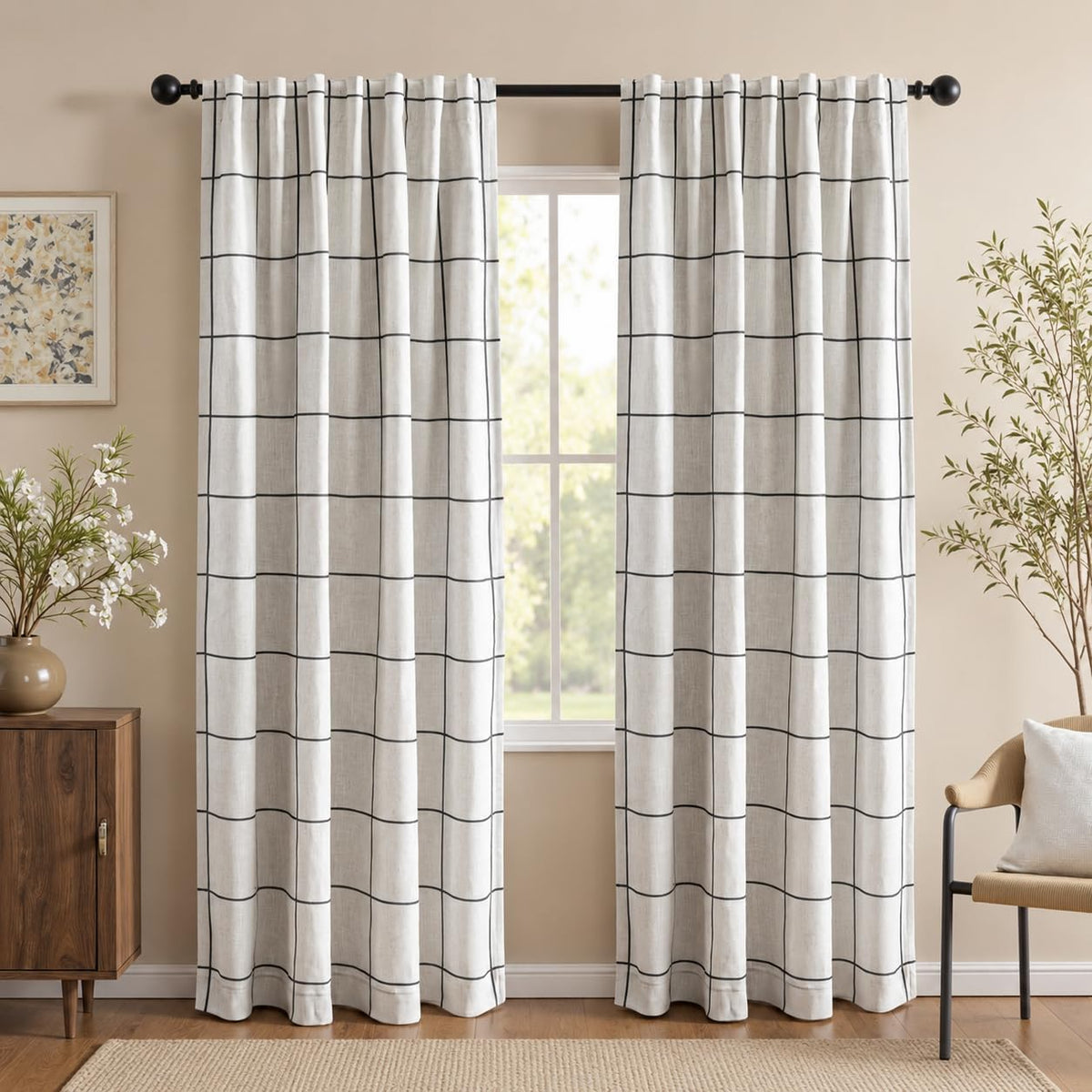 100% Blackout Curtains 84 inch Length Faux Linen (W52 x L84, Beige)