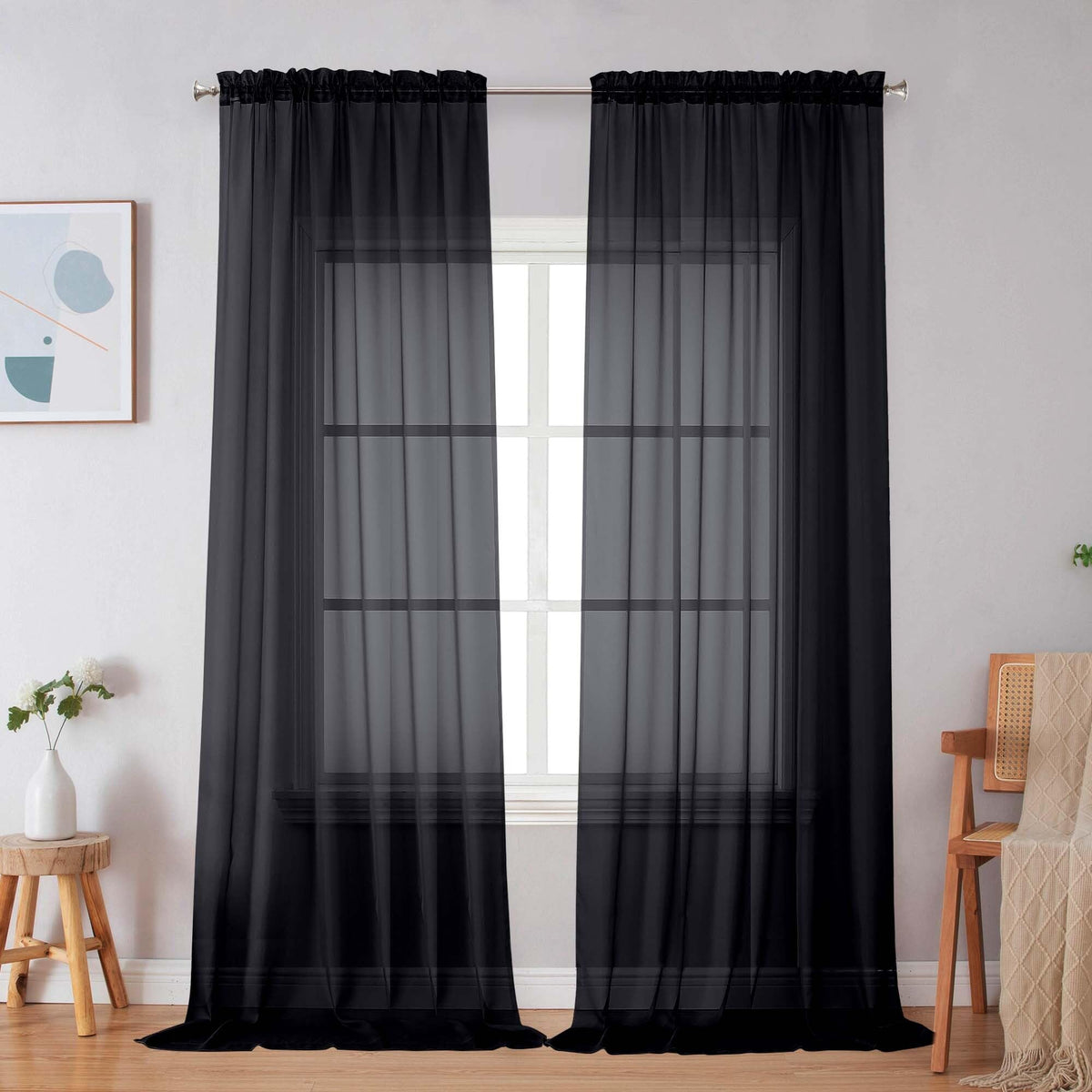 Simplebrand Black Sheer Curtains 84 Inches Long 2 Panels for Living Room