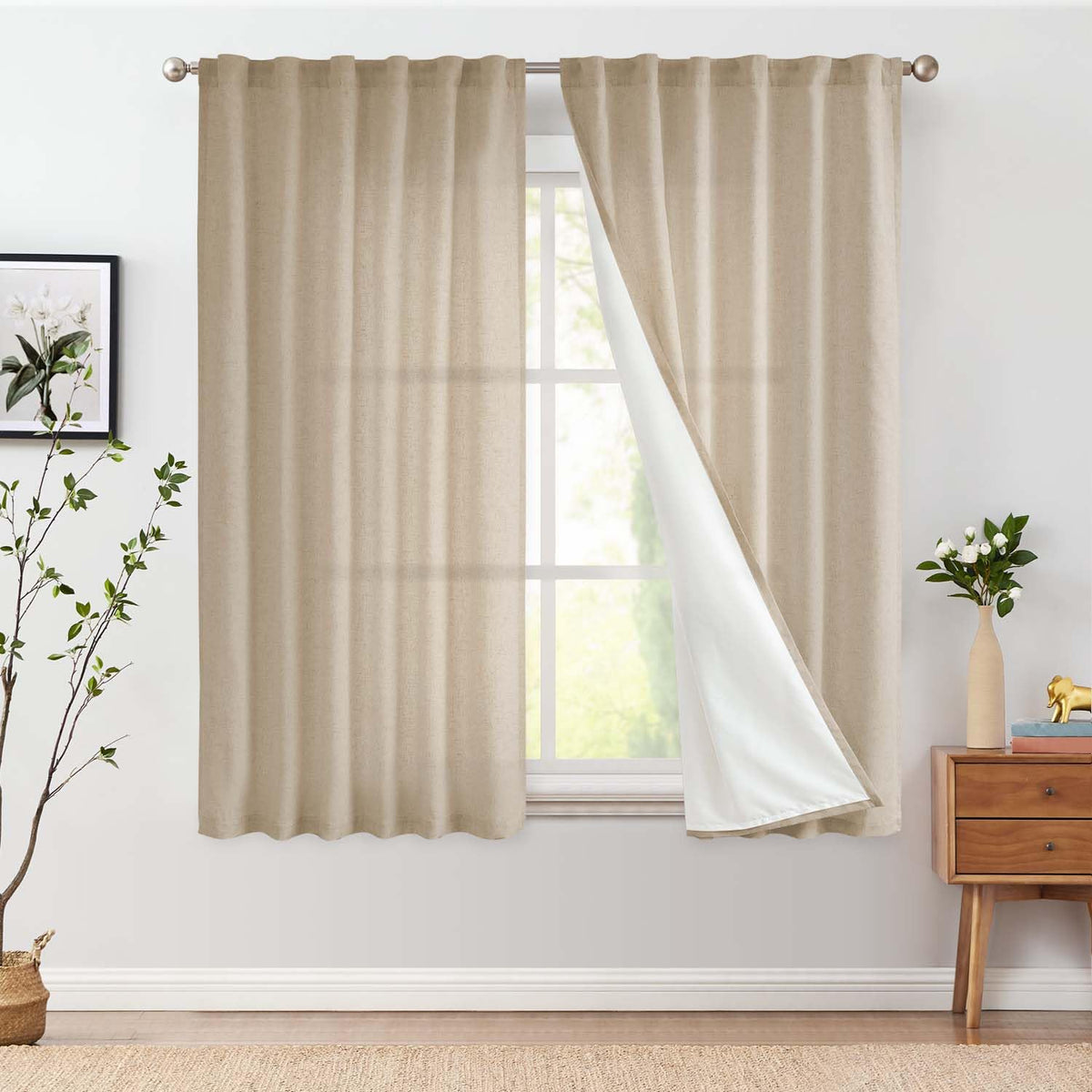 jinchan Linen Curtains Light Filtering Back Tab 50x96 Inch 2 Panels Beige