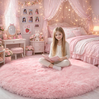 Amdrebio Pink Circle Round Fluffy Area Rug 4Ft for Girls Bedroom Kids Room