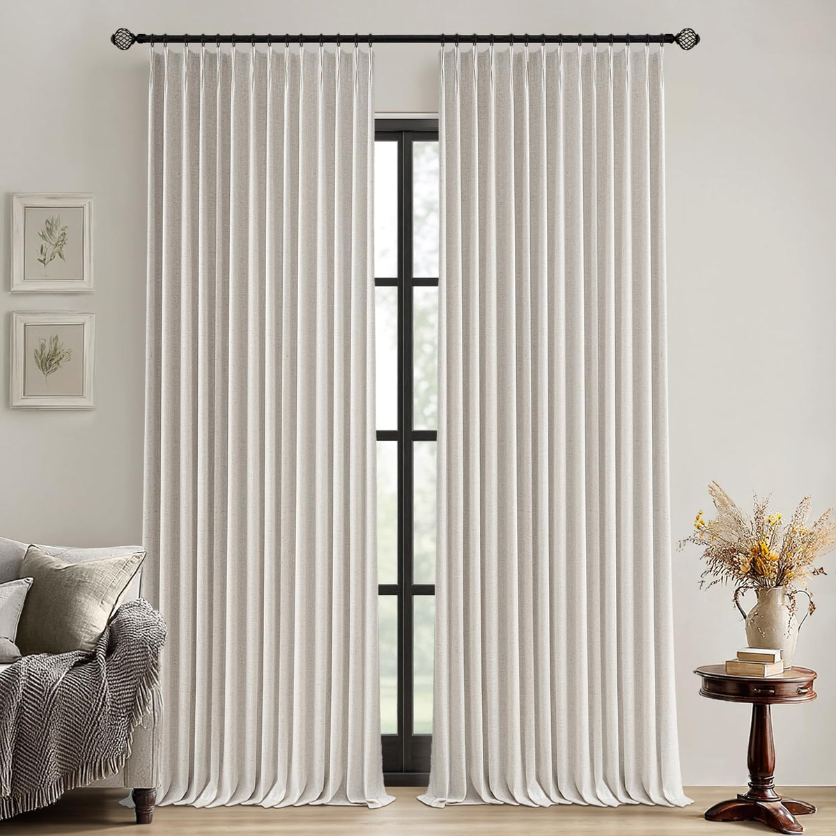 MIULEE Natural Pinch Pleated 100% Blackout Linen Curtains 40x84 Inches