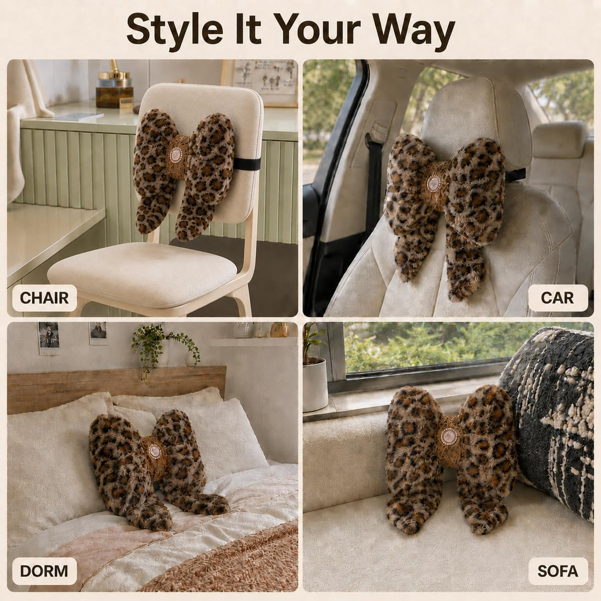 Leopard Print Bow Pillow 12x9 Inch Plush Accent Pillow Room Decor