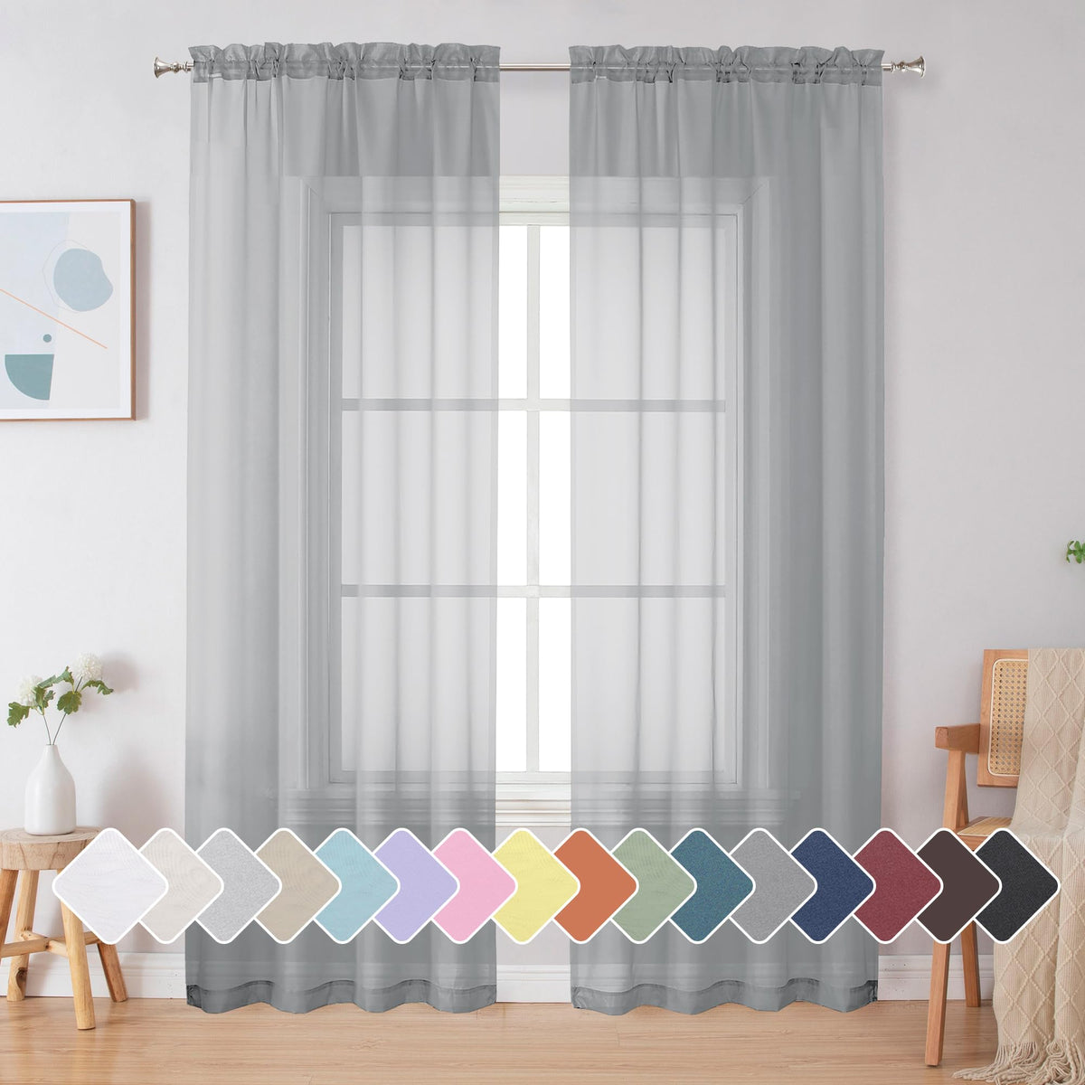 Simplebrand Black Sheer Curtains 84 Inches Long 2 Panels for Living Room