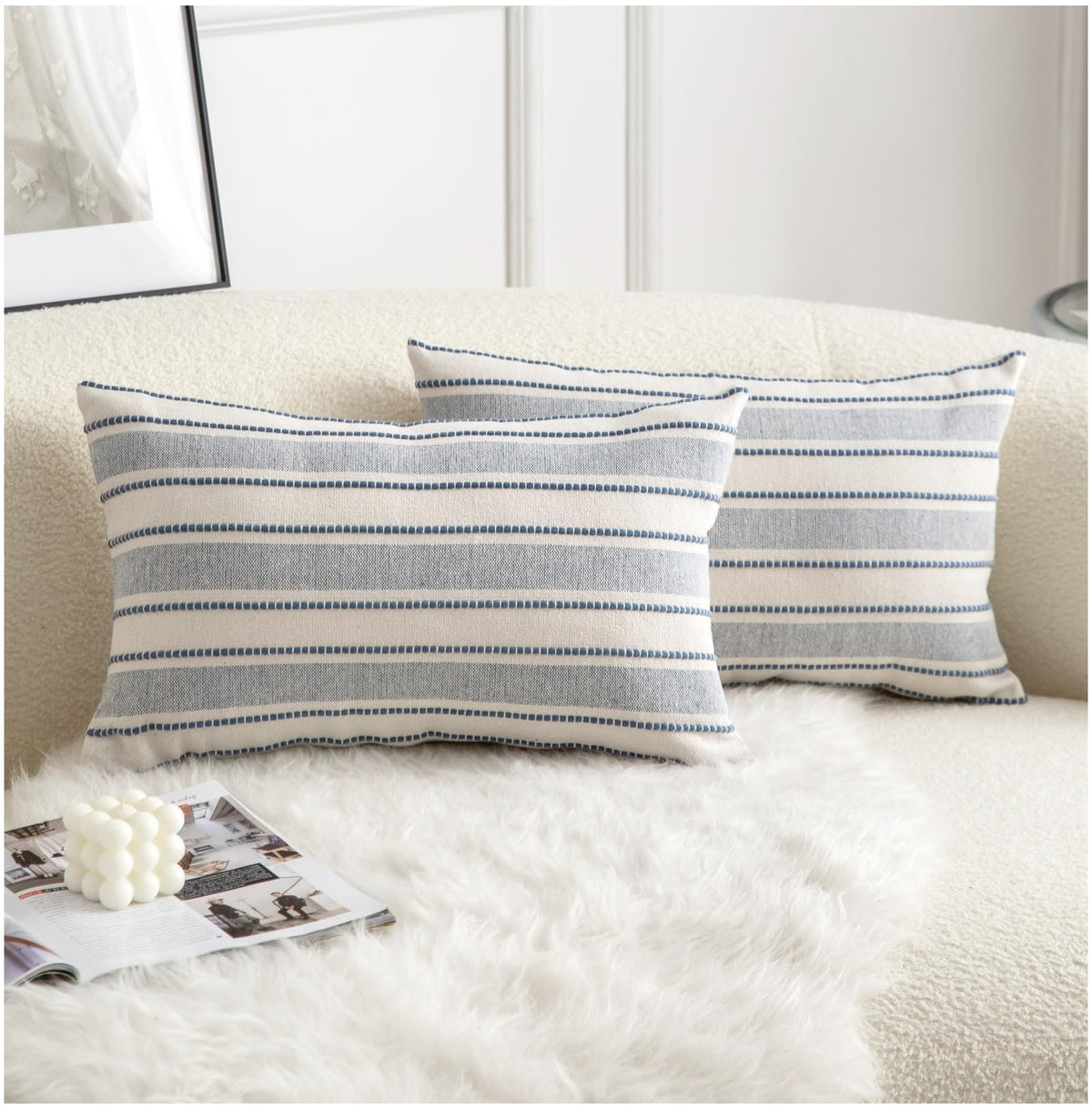 Cethom Decorative Boho Throw Pillow Covers, Farmhouse Textured Pillow Case, 18 x 18 Inch Set of 2, Chair Sofa Bedroom Living Room Home Decor Couch Cushion Case, Classic Blue and Beige Striped