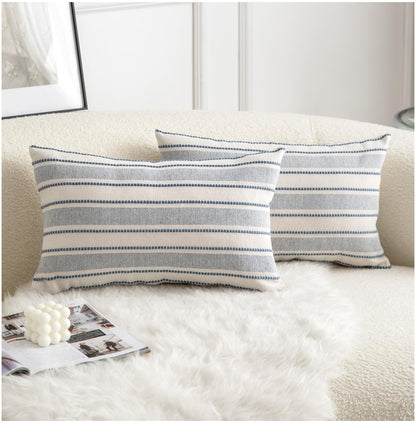 Cethom Decorative Boho Throw Pillow Covers, Farmhouse Textured Pillow Case, 18 x 18 Inch Set of 2, Chair Sofa Bedroom Living Room Home Decor Couch Cushion Case, Classic Blue and Beige Striped