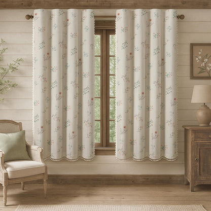 Boho Floral 100% Blackout Curtains 84 Inch 2 Panels Linen Texture