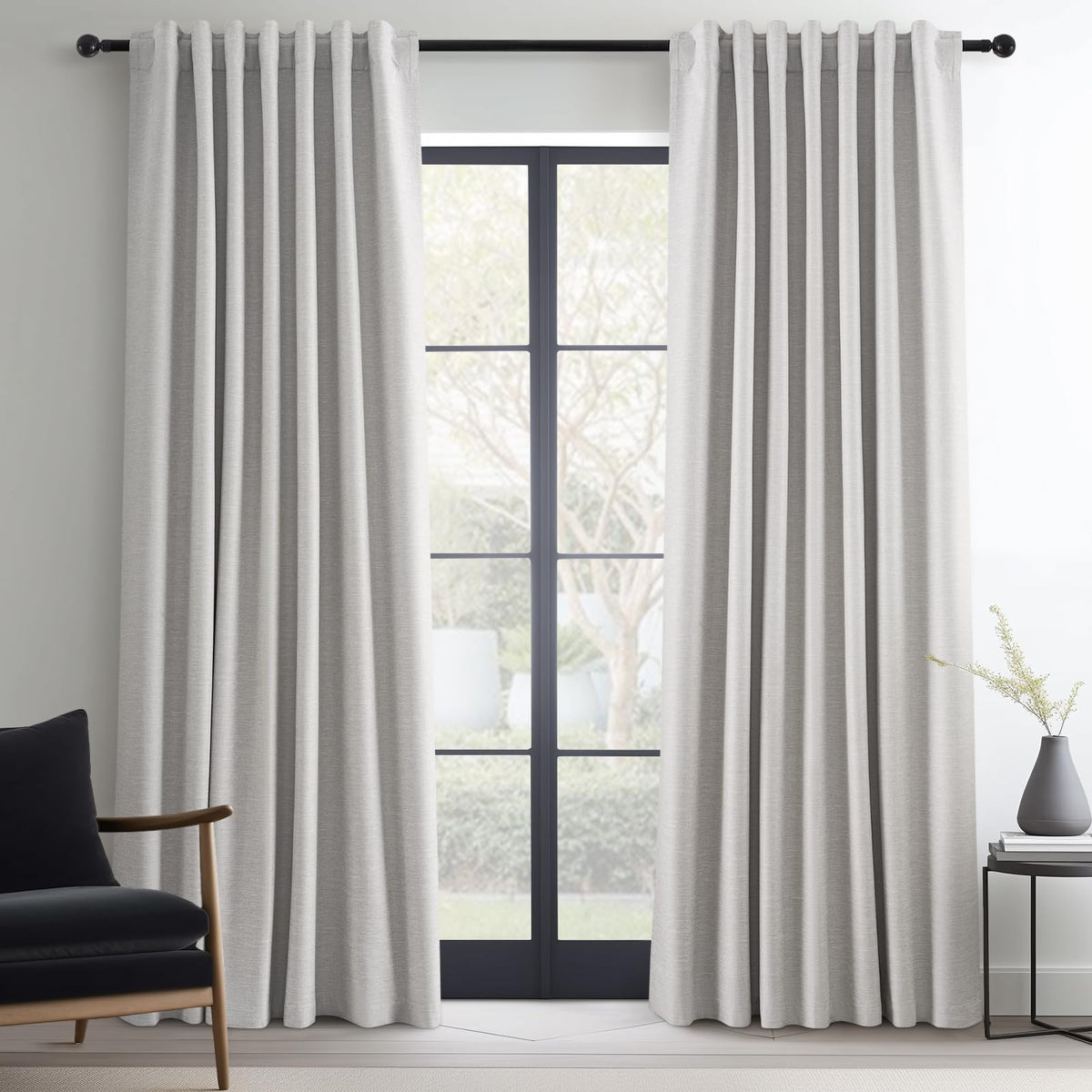 Topfinel Cream Ivory Blackout Curtains & Drapes 84 Inch Length, Beige Pinch Pleat Full Blackout Flax Linen Tab Top Soundproof Curtains with Hooks Rings for Bedroom Living Room Track 2 Panels Set