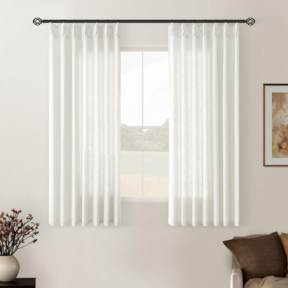 TWODRAPES Natural Pinch Pleated Linen Semi Sheer 84 Inch Curtains 2 Panels
