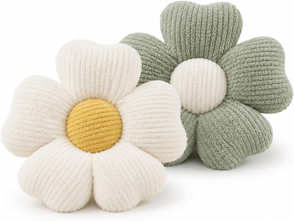 2 Pcs Flower Pillow, 15''Soft Cute Daisy Decorative Pillows Floor Seating Cushion for Bed Couch Bedroom Room Dorm Home Decor & Gift (Sage Green & Ivory)