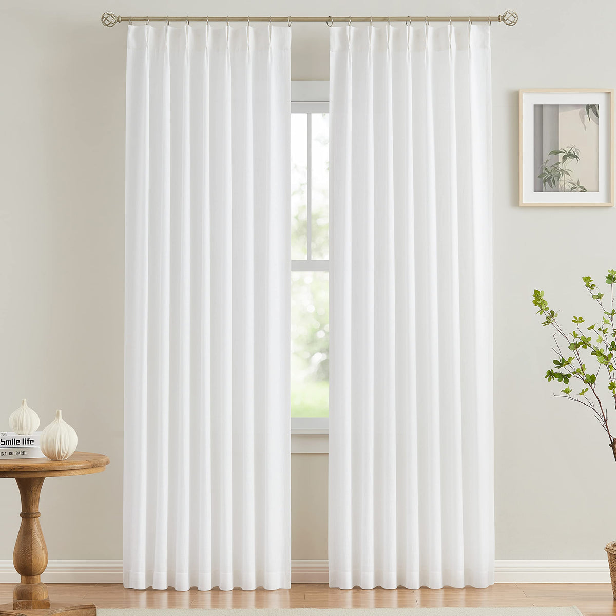 Vision Home Natural Linen Pinch Pleated Semi Sheer Curtains 42Wx90Lx2
