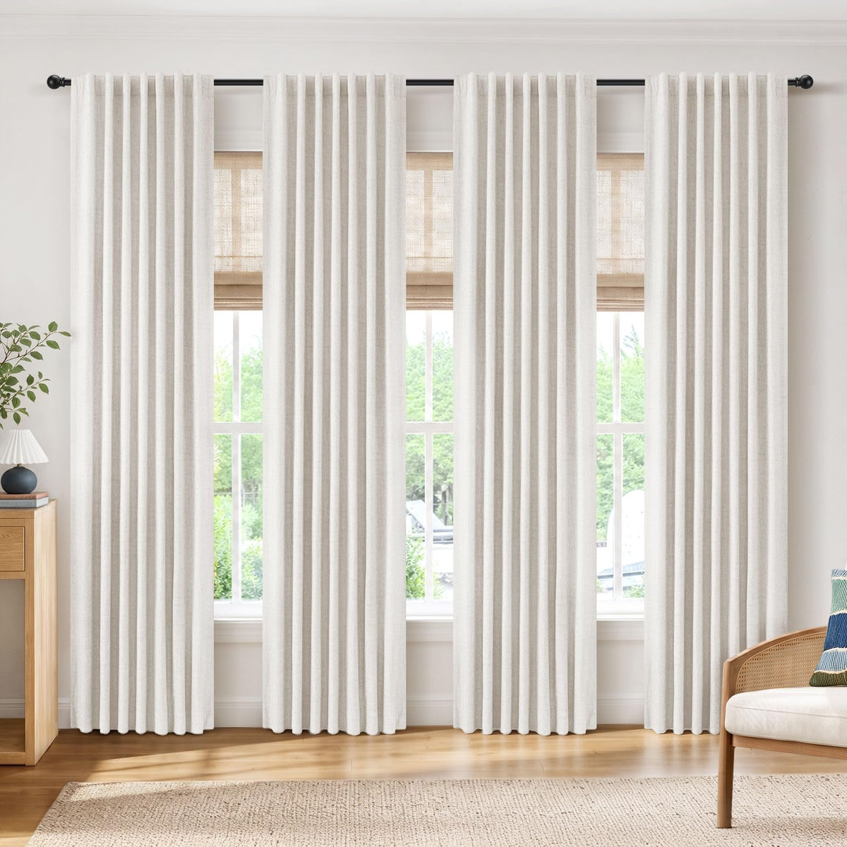 INOVADAY 100% Blackout Linen Curtains for Bedroom 50x84 Inches Cream