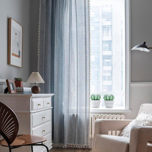 ColorBird Blue Boho Curtains Linen-Textured for Living Room Bedroom Light Filtering 84 Inches 2 Panels Farmhouse Embroidered Striped Curtains & Drapes for Nursery Dining Room Closet Window Treatments