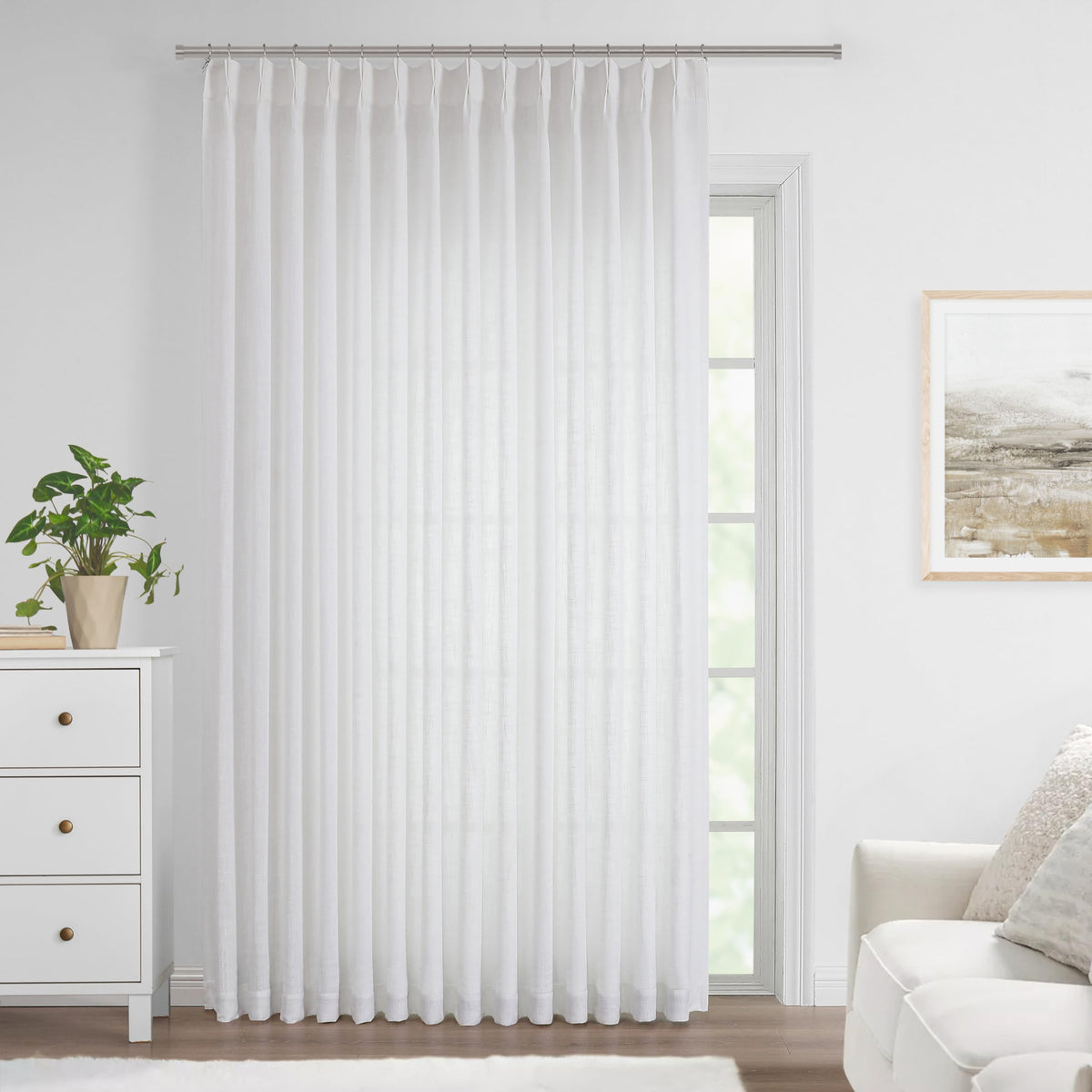 Vision Home Natural Linen Pinch Pleated Semi Sheer Curtains 42Wx90Lx2