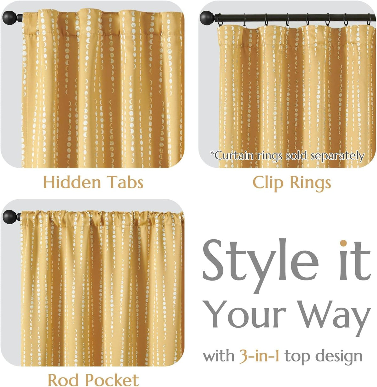 jinchan Boho Blackout Curtains 63 Inch Length Moon Phase Printed Drapes