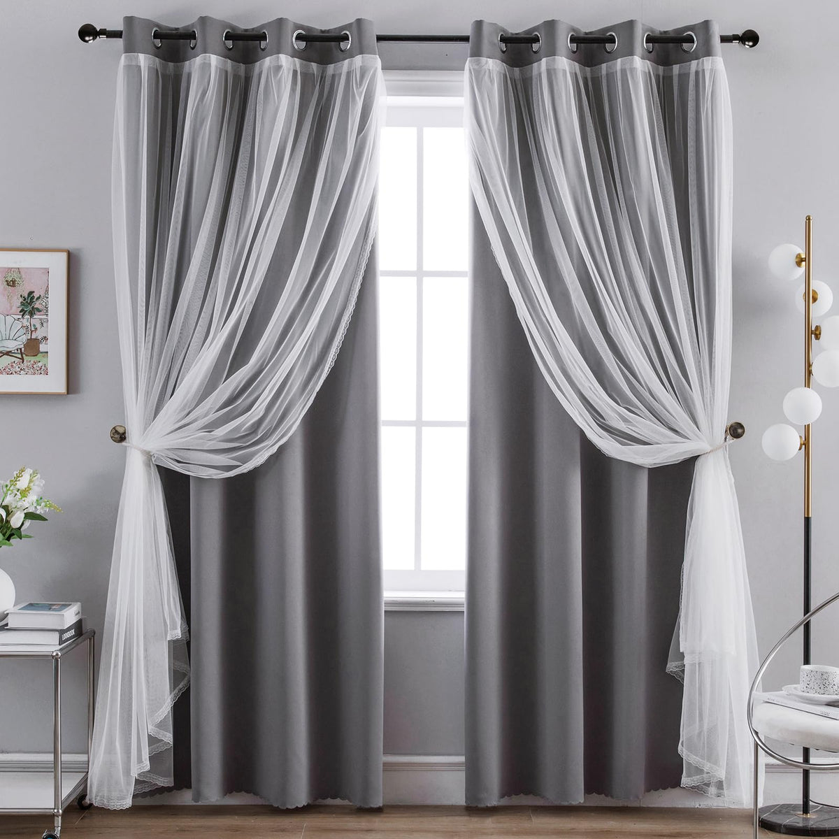 Anytime Double Layer Blackout Curtains 2 Panels，52Wx84L，Greyish White