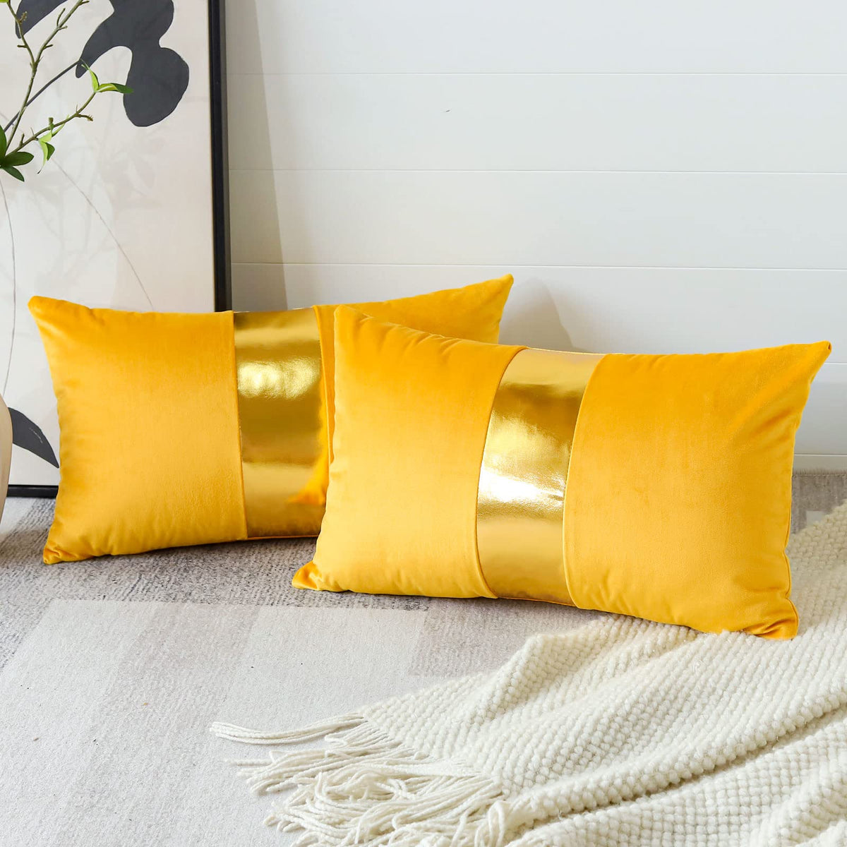 Artscope Black Velvet Throw Pillow Covers with Gold Leather Stitching Luxury Modern Minimalist Square Pillowcase Cushion Covers for Bed Couch Sofa 18x18Inch Set of 2