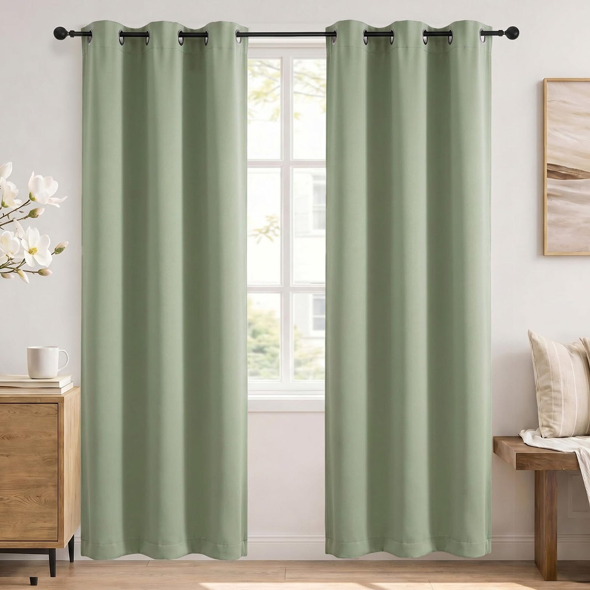 Simplebrand Sage Green Blackout Curtains 84 Inch Length 2 Panels Set for Bedroom/Living Room, Solid Room Darkening Thermal Insulated Grommet Energy Saving Window Treatment Drapes, Each 52" Wide