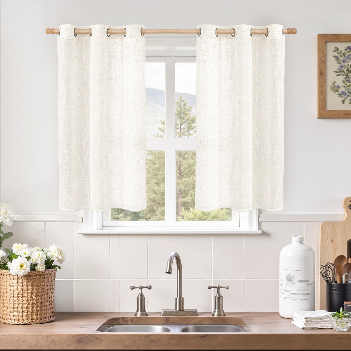 LAMIT Cream Ivory Linen Semi Sheer Curtains 84 inch Length for Bedroom