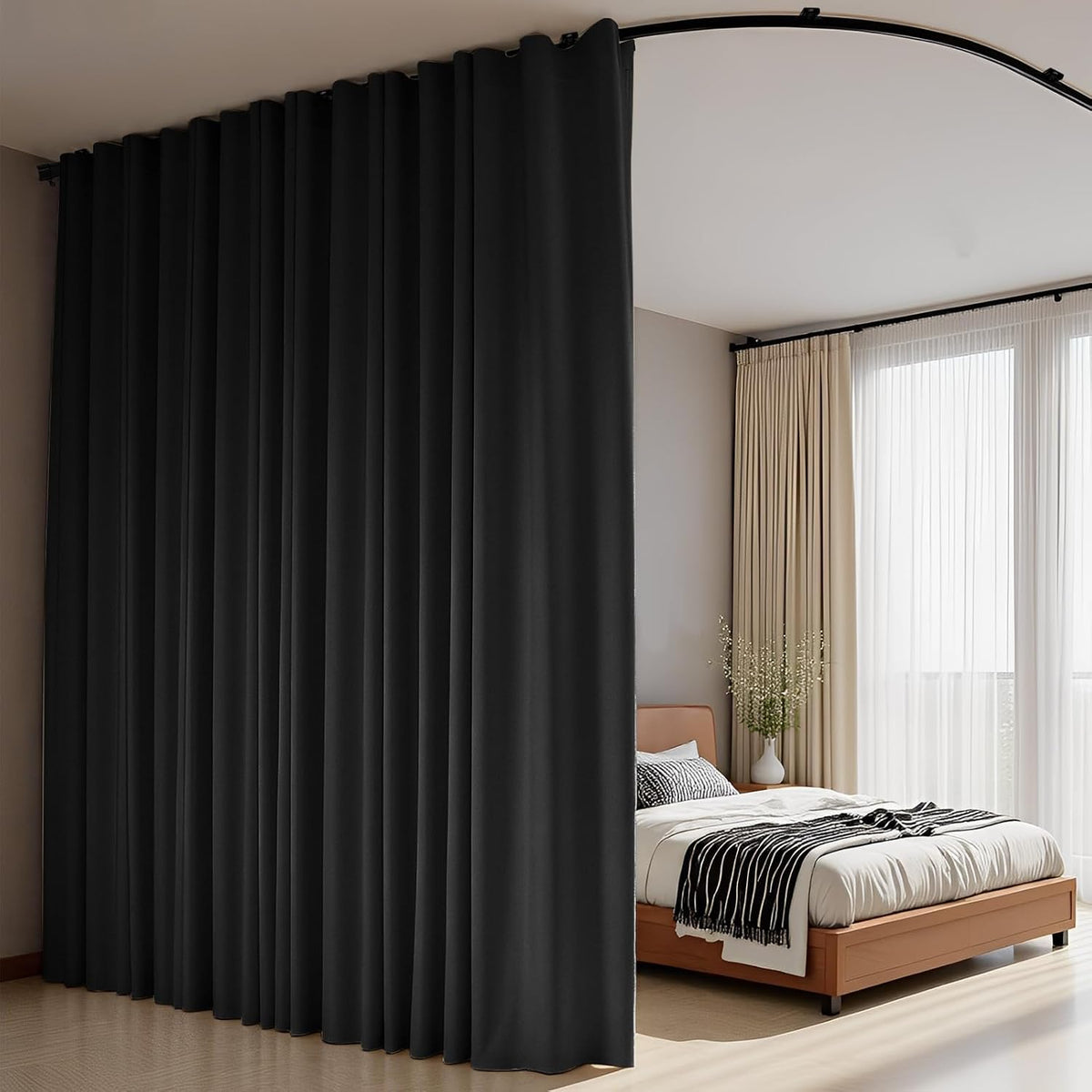 Room Divider Curtains Flexible Ceiling Tracks Set Curtain Track Ceiling Mount Blackout Curtain for Living Room Bedroom Ceiling Curtain Rod Privacy Dividers Panels W100 x H84 Black Drape & Black Rail