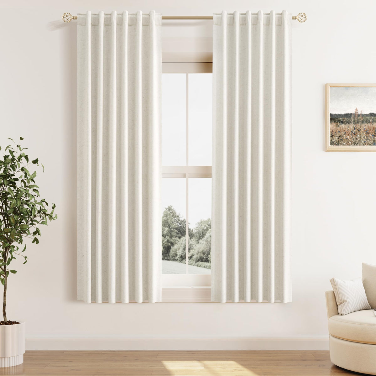 Guken Cream Linen Blackout Curtains 84 Inch Length 2 Panels Set for Living Room Bedroom Back Tab Thermal Insulated 100% Black Out Drapes Room Darkening Window Curtain Ivory Natural Beige