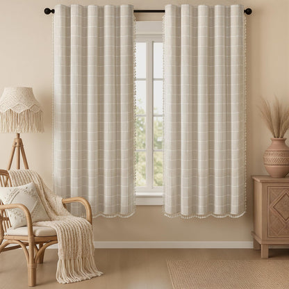 Boho 100% Blackout Curtains 84 Inch 2 Panels Linen Blend Beige