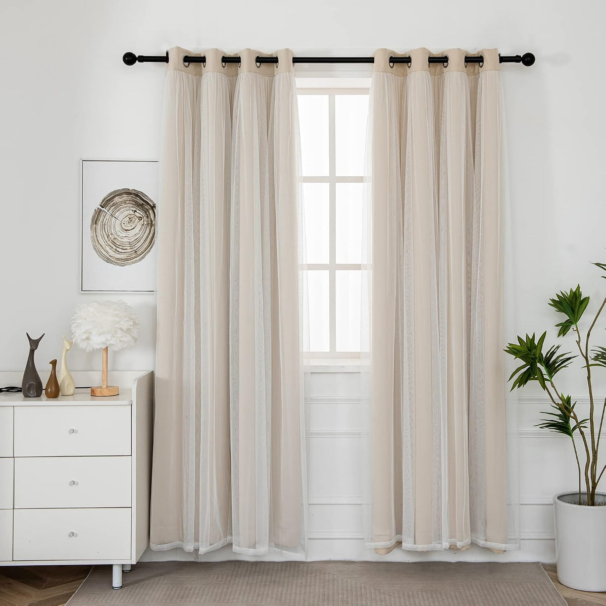 INLINAS Blackout Curtains with Sheer Overlay, Beige, 52x84 Inches