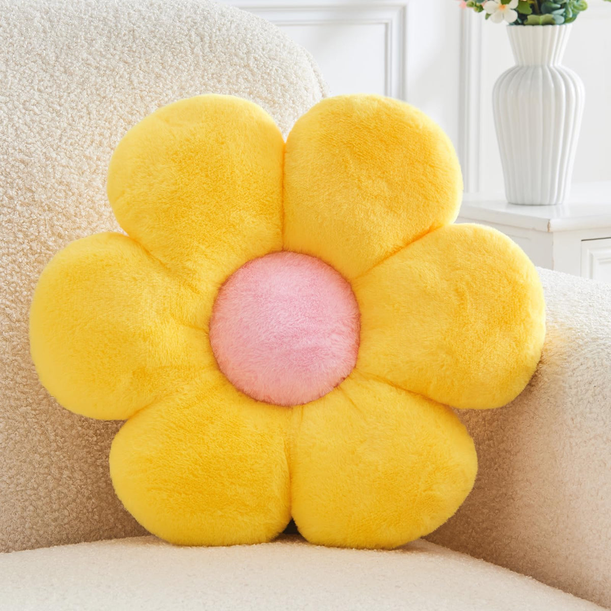 Pink Flower Pillow, Soft Flower Shaped Throw Pillows with Faux Rabbit Fur for Home Decorative,Cute Flower Throw Pillow Cushion for Bed Sofa Couch (Small - 15.7 Inch)