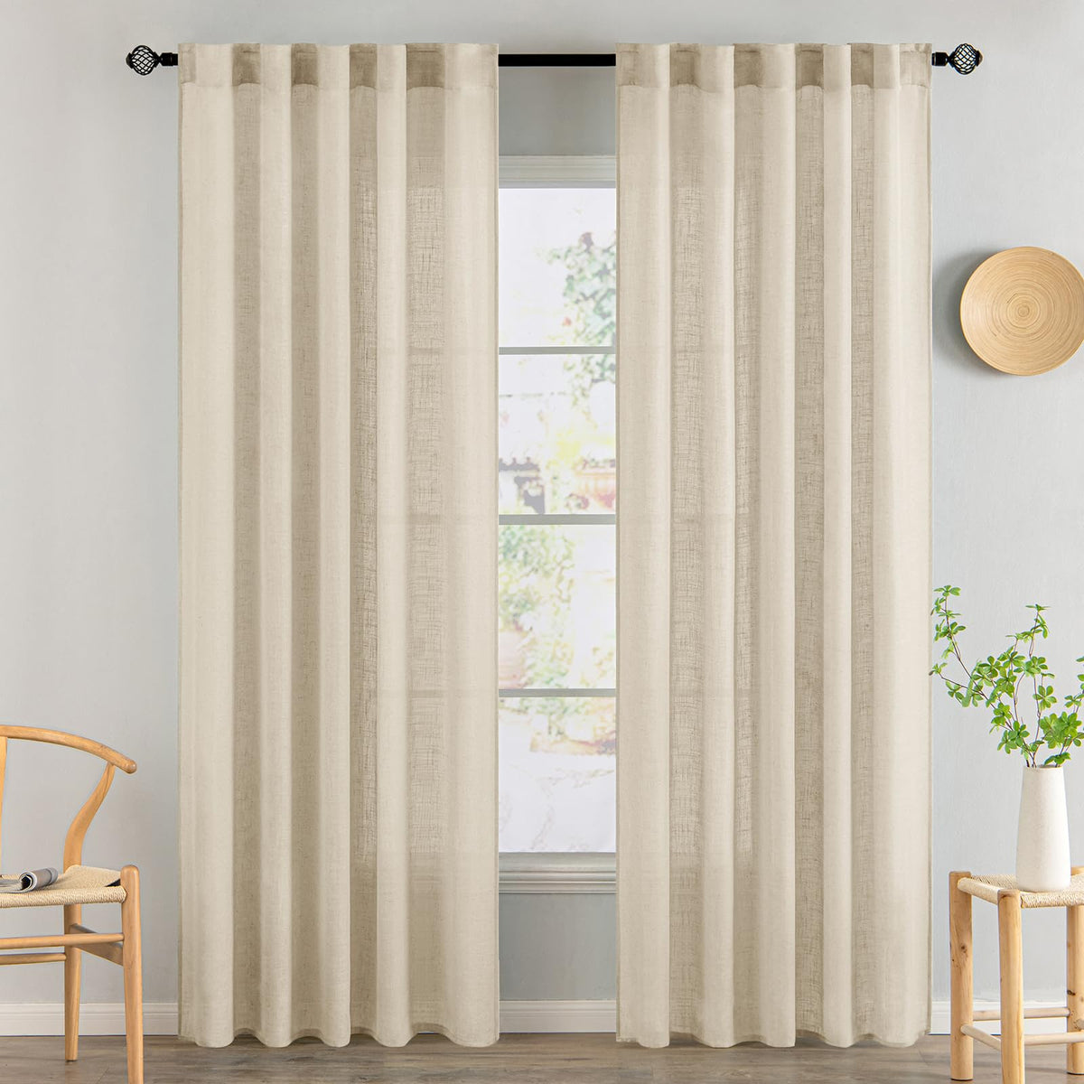 MIULEE Natural White Linen Curtains 52x84 Inch Long for Bedroom Living Room