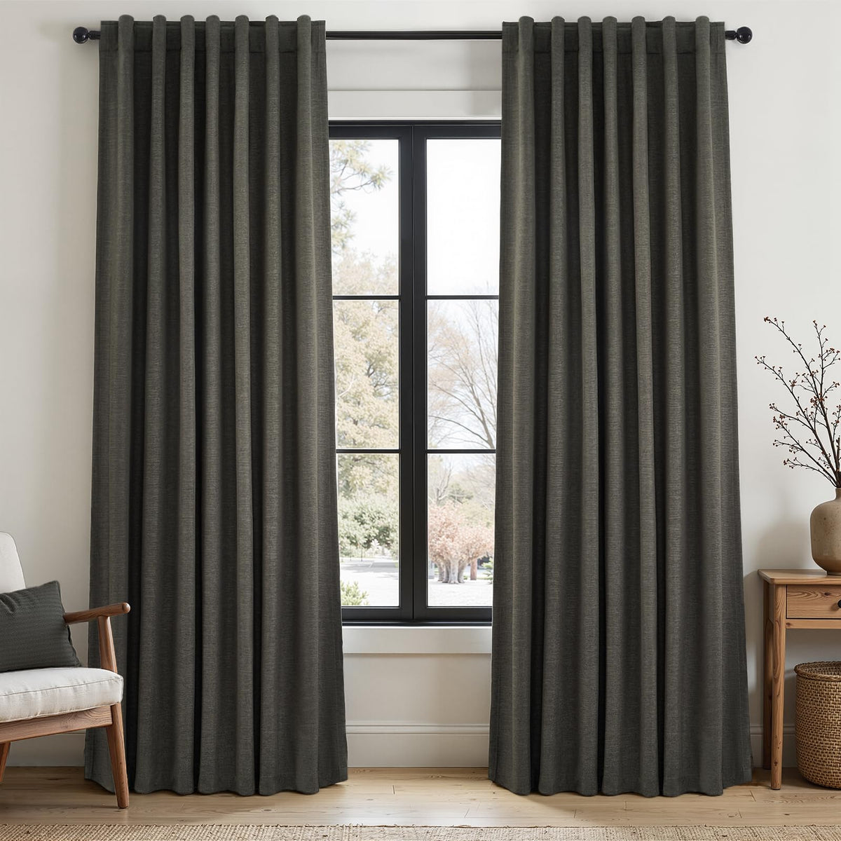 Topfinel Cream Ivory Blackout Curtains & Drapes 84 Inch Length, Beige Pinch Pleat Full Blackout Flax Linen Tab Top Soundproof Curtains with Hooks Rings for Bedroom Living Room Track 2 Panels Set