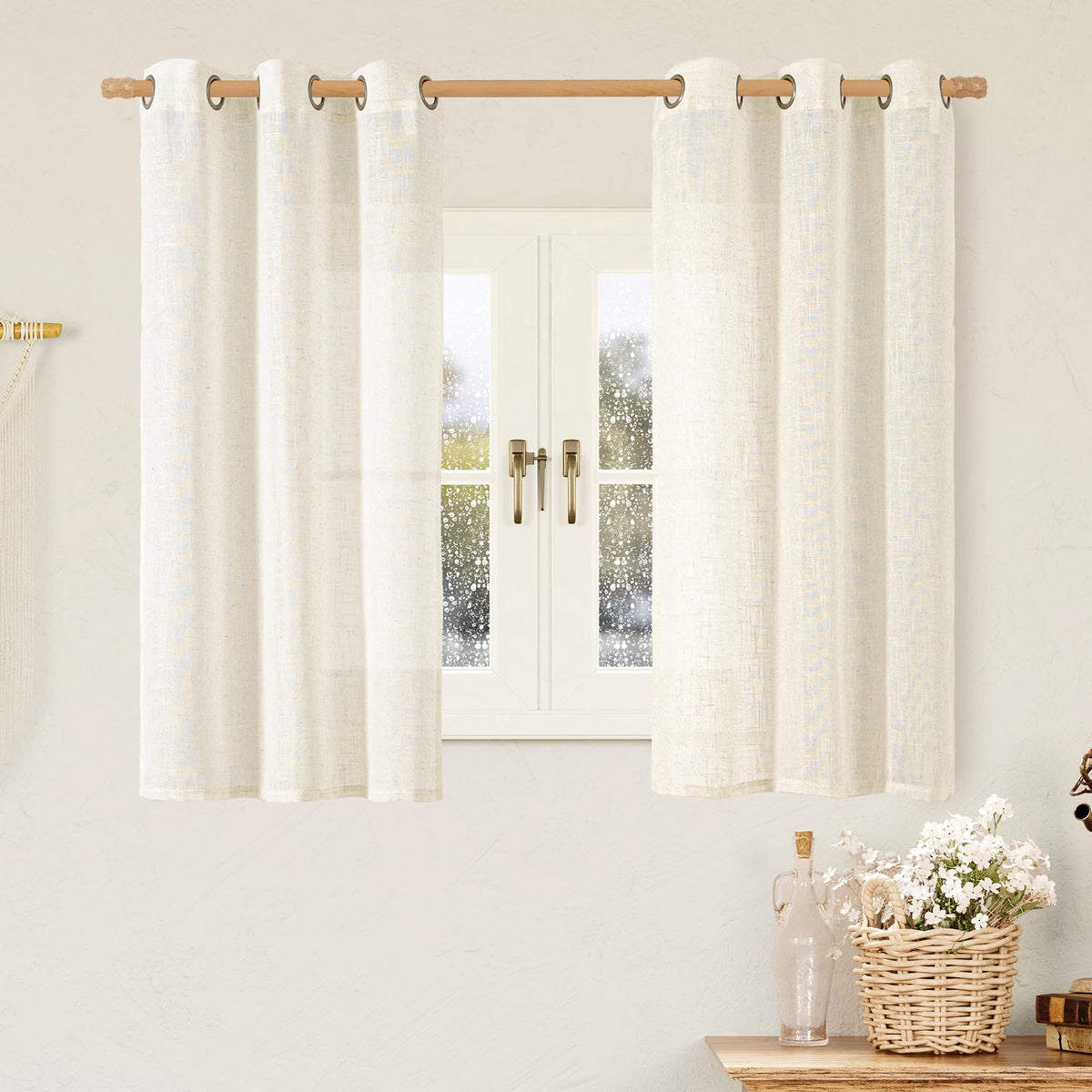 LAMIT Cream Ivory Linen Semi Sheer Curtains 84 inch Length for Bedroom