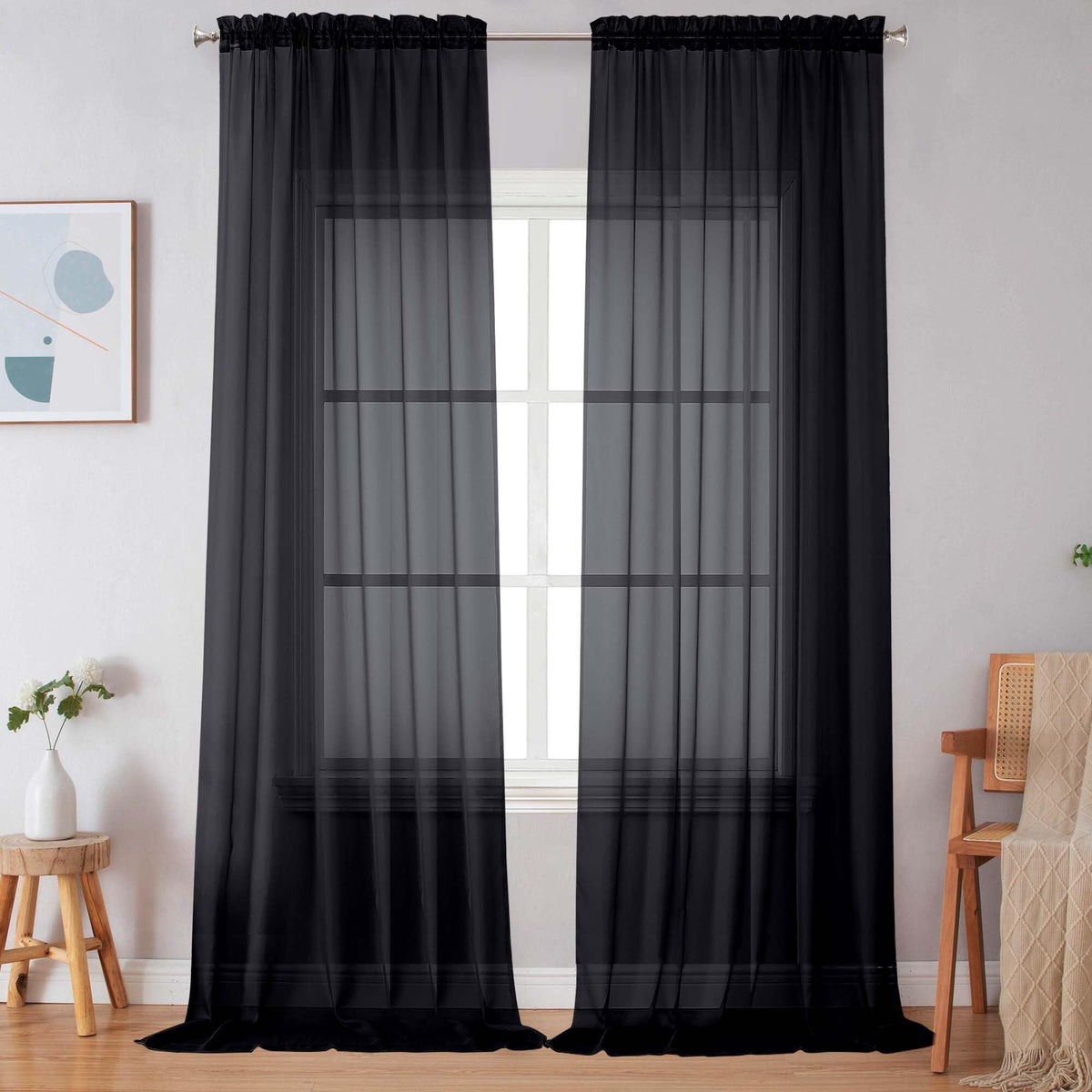 Simplebrand Black Sheer Curtains 84 Inches Long 2 Panels for Living Room