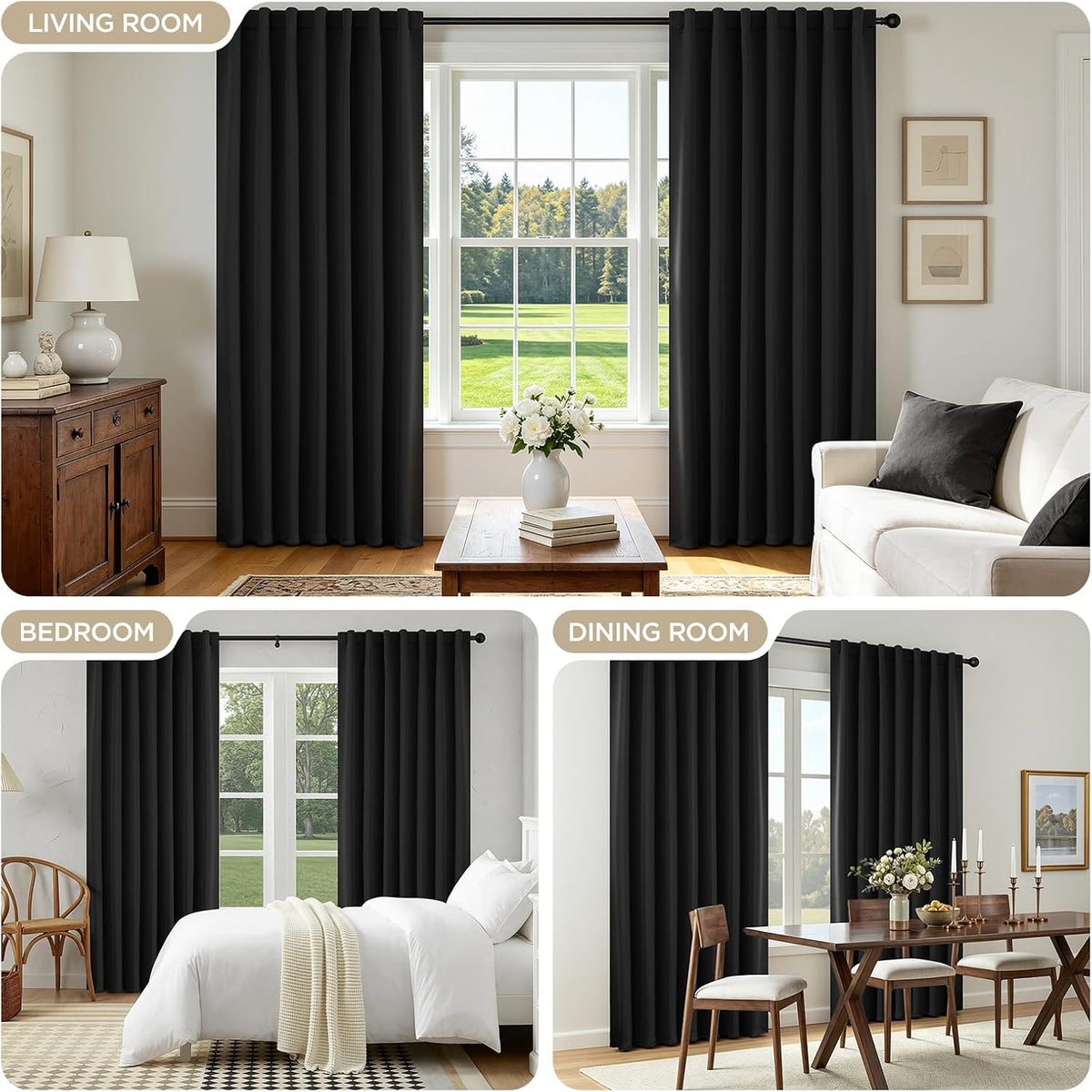 Joydeco Blackout Curtains for Bedroom, Black out curtains 96 inch long 2 Panels, Long Black Drapes with Rod Pocket Back Tab, Room Darkening Noise Reducing & Wrinkle-Free Drapes for Living Room Windows