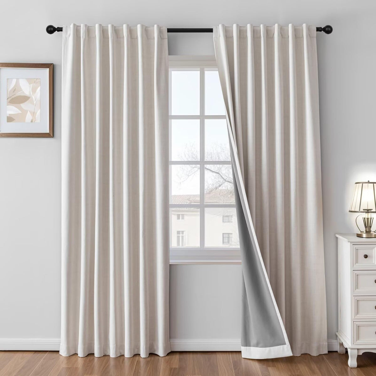 100% Blackout Curtains 84 inch Length Faux Linen (W52 x L84, Beige)