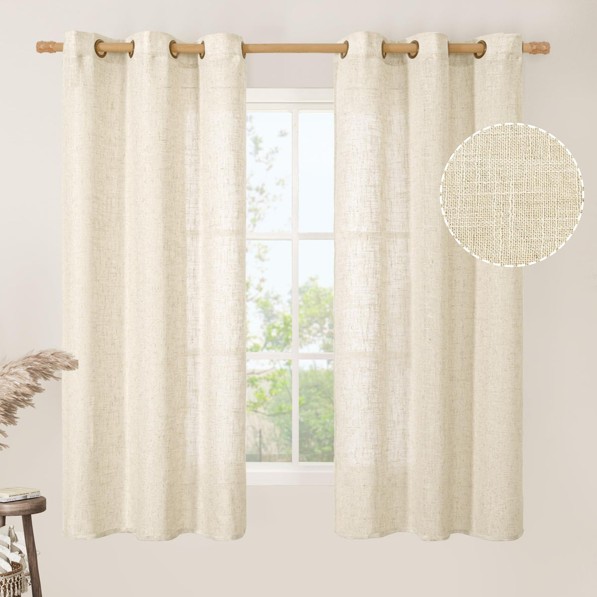 LAMIT Cream Ivory Linen Semi Sheer Curtains 84 inch Length for Bedroom