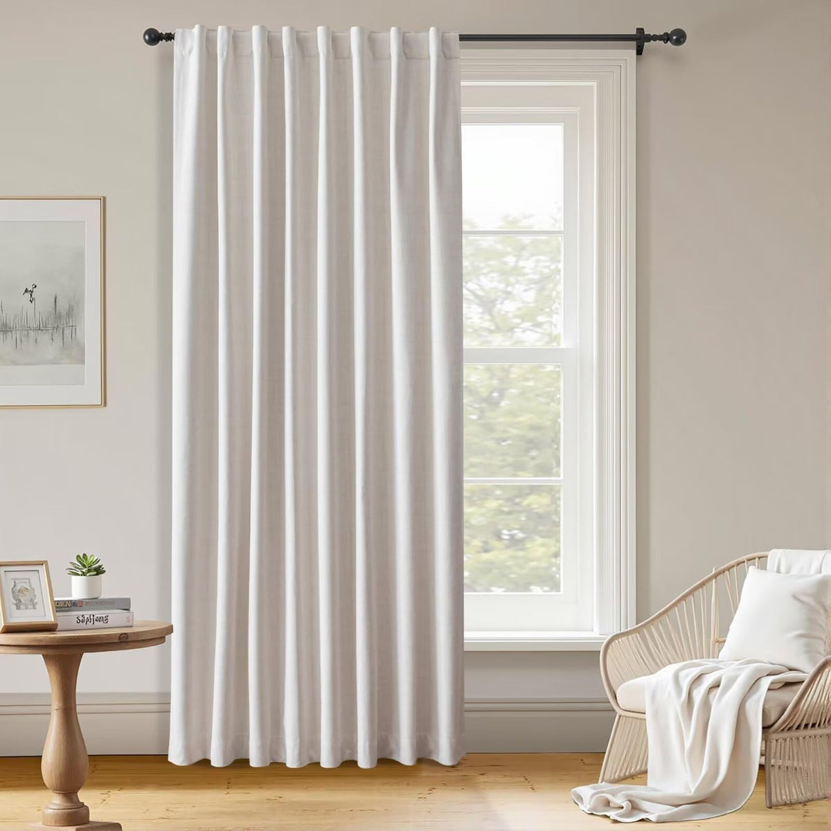 100% Blackout Curtains 84 inch Length Faux Linen (W52 x L84, Beige)