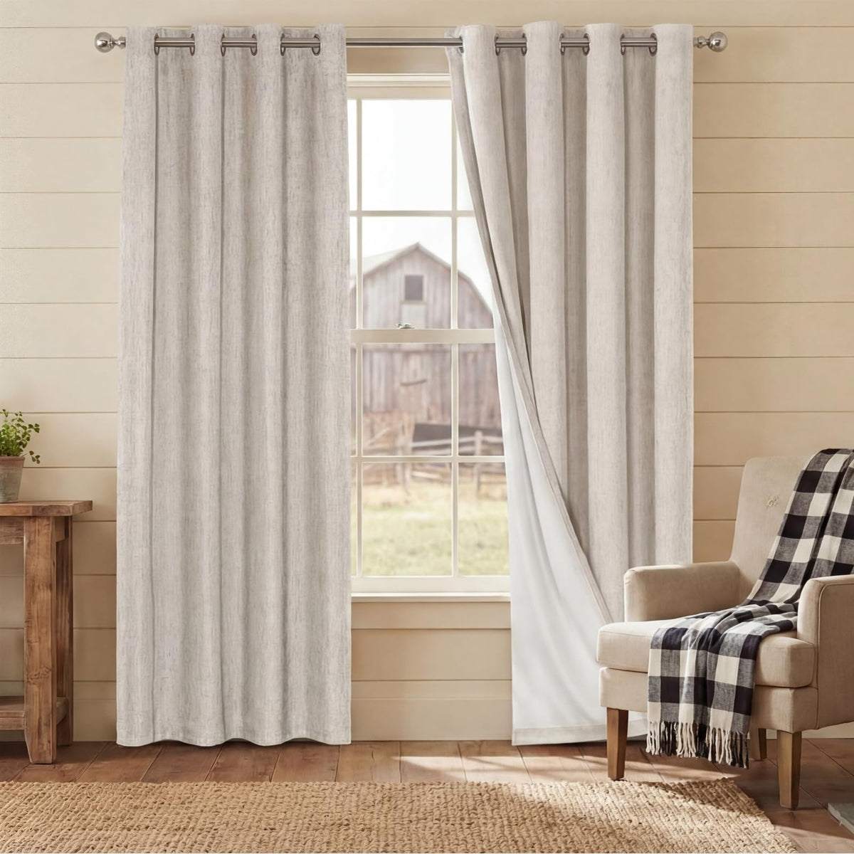 PrinceDeco Natural Linen Curtains 100% Blackout Linen Curtains for Bedroom Full Blackout Curtains 84 Inches Long Living Room Thermal Insulated Light Blocking Curtain Drapes White Backing, 2 Panels