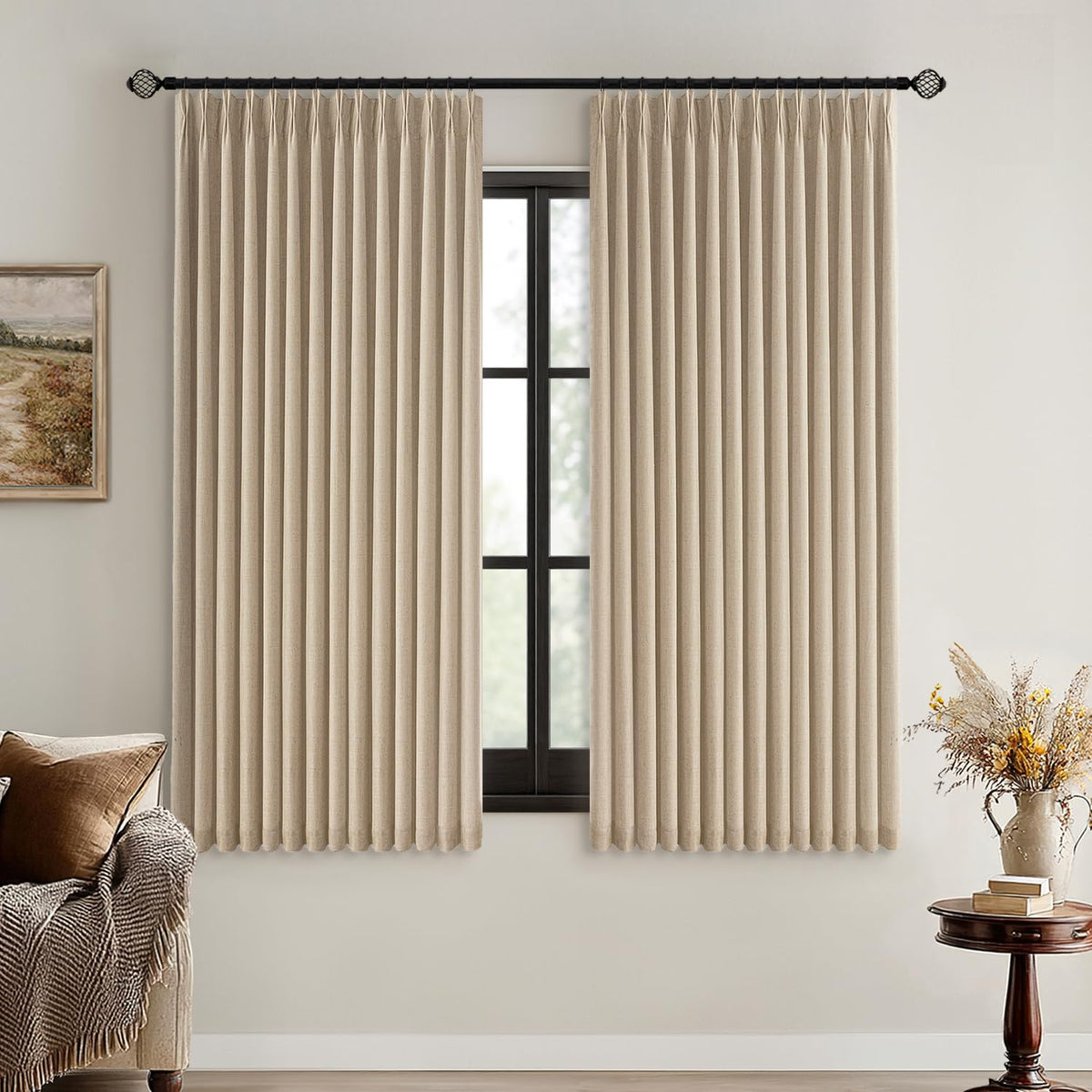 MIULEE Natural Pinch Pleated 100% Blackout Linen Curtains 40x84 Inches