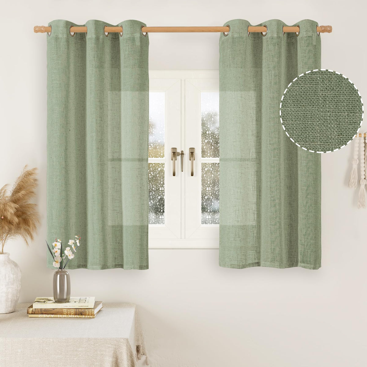 LAMIT Cream Ivory Linen Semi Sheer Curtains 84 inch Length for Bedroom