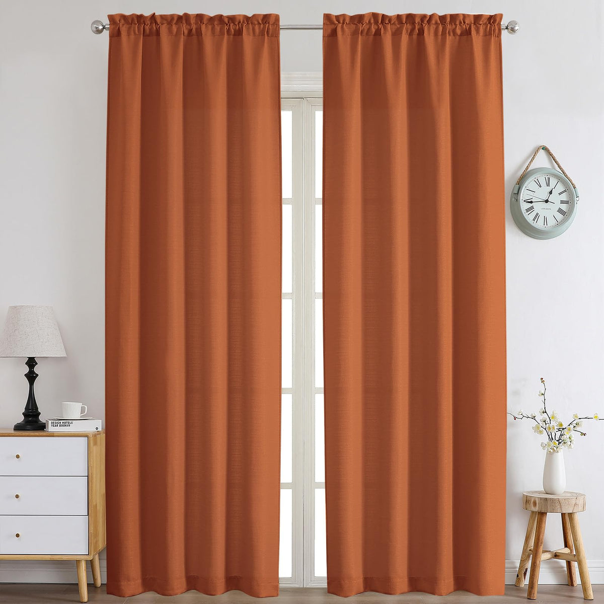 Chyhomenyc White Curtains 45 Inch Length 2 Panels, Faux Linen Textured