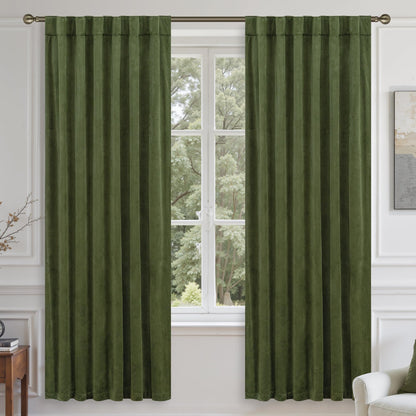 LAMIT Olive Green Velvet Curtains 84 Inch Length for Living Room, 2 Panels