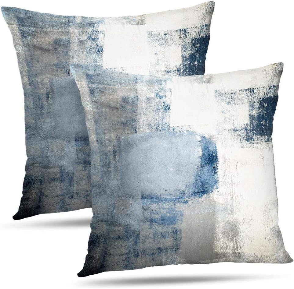 Blue and Grey Abstract Art Artwork Pillow Cover, Gallery Modern Decorative Throw Pillows Cushion Cover for Bedroom Sofa Living Room 18 x 18 Inch Set of 2