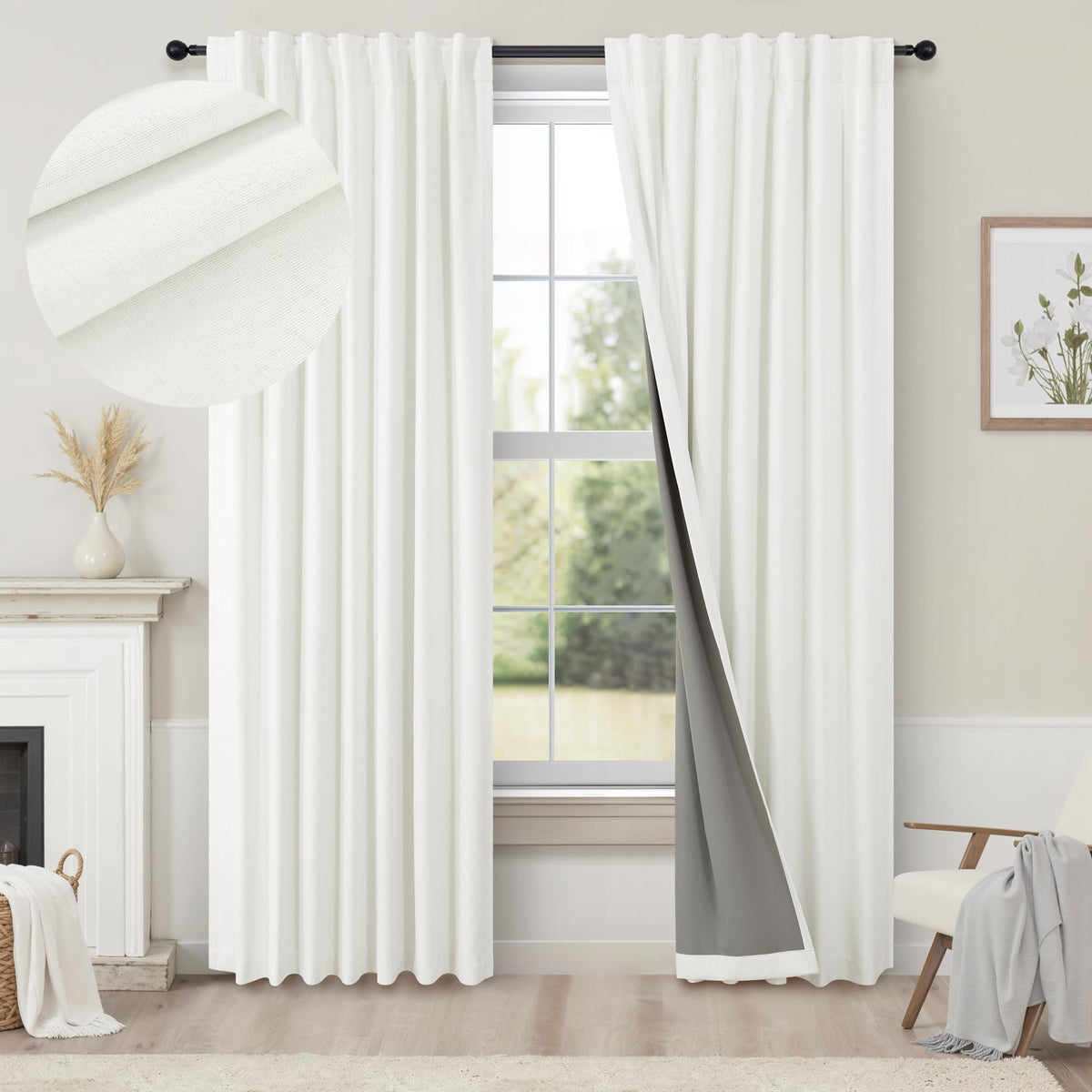 100% Blackout Curtains 84 Inch Length 2 Panels Set Neutral Boho Linen Farmhouse for Bedroom Windows Living Room Darkening Thermal Insulated Drapes Natural Cream Ivory 7ft Long Back Tab Pleated Pocket