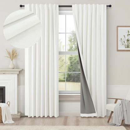 100% Blackout Curtains 84 Inch Length 2 Panels Set Neutral Boho Linen Farmhouse for Bedroom Windows Living Room Darkening Thermal Insulated Drapes Natural Cream Ivory 7ft Long Back Tab Pleated Pocket
