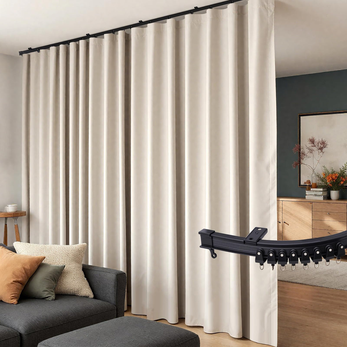 Room Divider Curtains Flexible Ceiling Tracks Set Curtain Track Ceiling Mount Blackout Curtain for Living Room Bedroom Ceiling Curtain Rod Privacy Dividers Panels W100 x H84 Black Drape & Black Rail