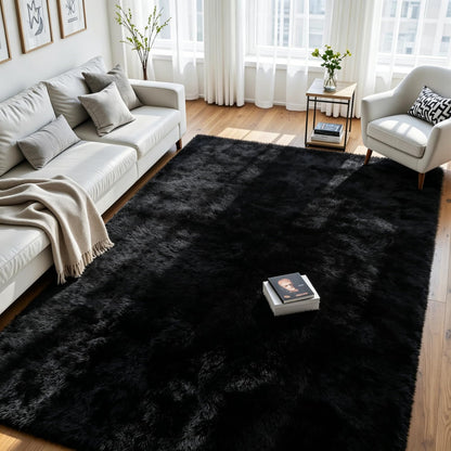 8x10 Fluffy Area Rug for Living Room: Soft Non-Slip Black Bedroom Carpet