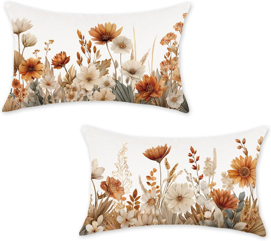ONWAY Fall Floral Pillow Covers 12x20 Set of 2 Farmhouse Orange Decorative