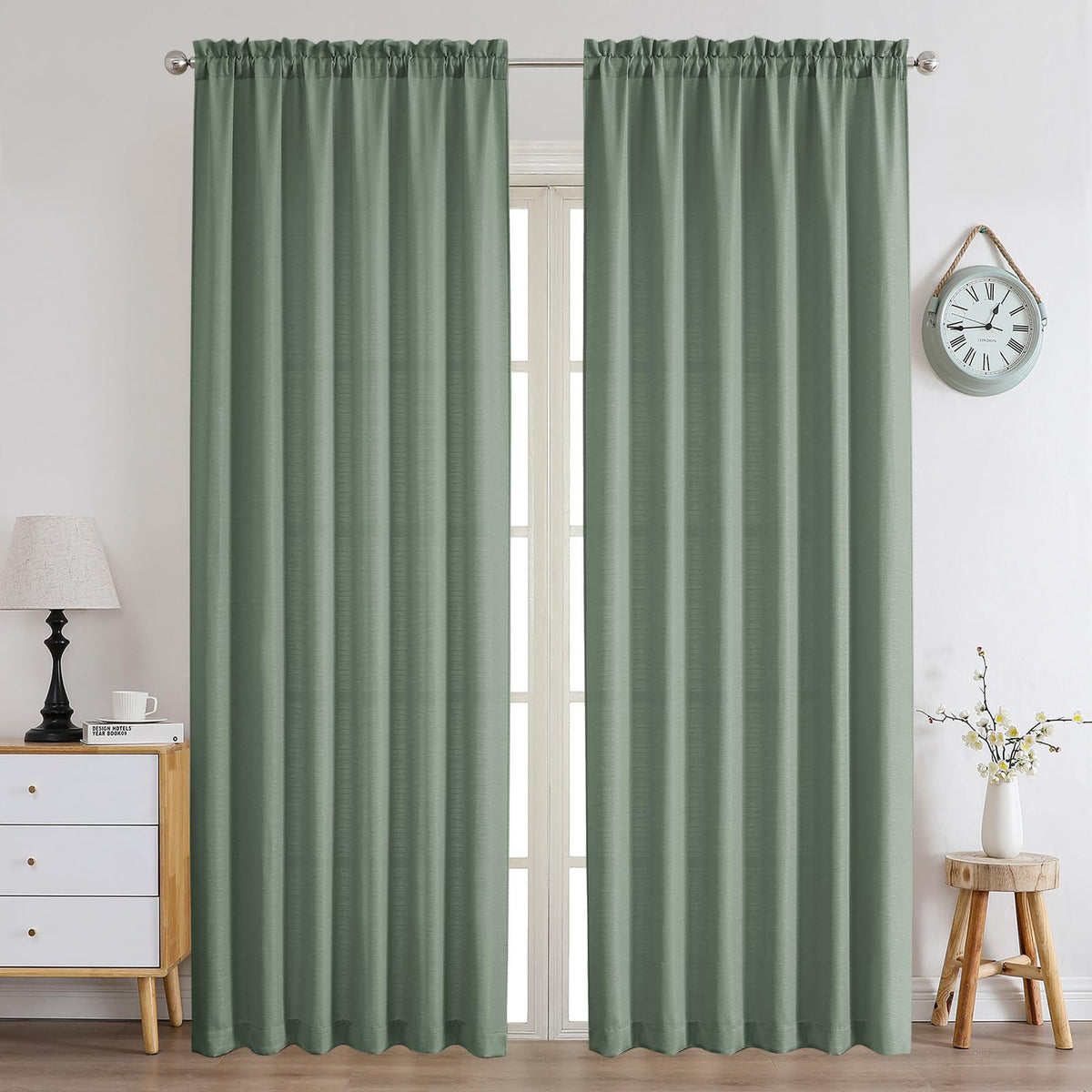Chyhomenyc White Curtains 45 Inch Length 2 Panels, Faux Linen Textured