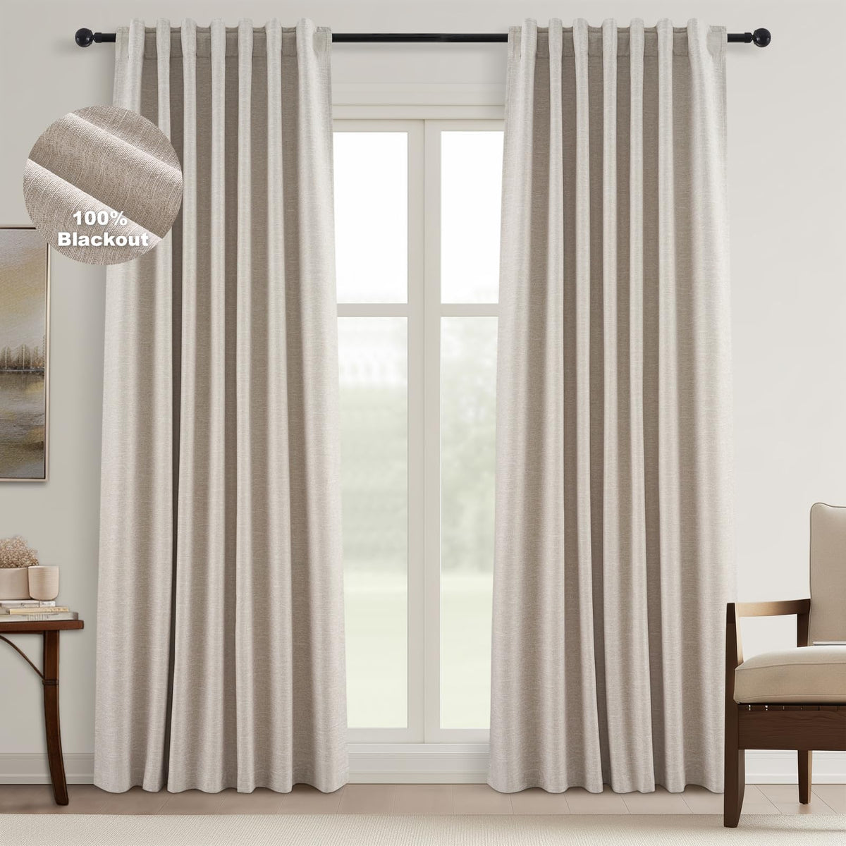 Topfinel Cream Ivory Blackout Curtains & Drapes 84 Inch Length, Beige Pinch Pleat Full Blackout Flax Linen Tab Top Soundproof Curtains with Hooks Rings for Bedroom Living Room Track 2 Panels Set