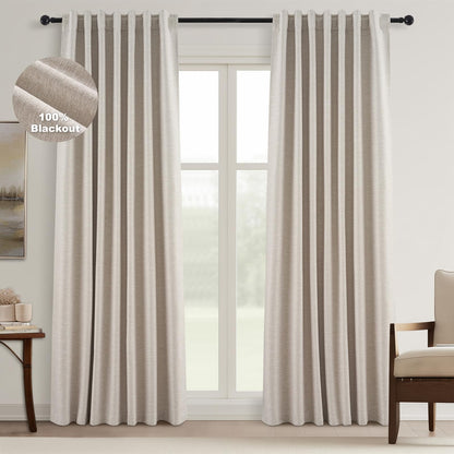 Topfinel Cream Ivory Blackout Curtains & Drapes 84 Inch Length, Beige Pinch Pleat Full Blackout Flax Linen Tab Top Soundproof Curtains with Hooks Rings for Bedroom Living Room Track 2 Panels Set