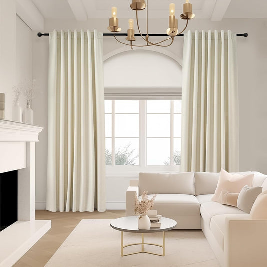 Topfinel Cream Ivory Blackout Curtains & Drapes 84 Inch Length, Beige Pinch Pleat Full Blackout Flax Linen Tab Top Soundproof Curtains with Hooks Rings for Bedroom Living Room Track 2 Panels Set